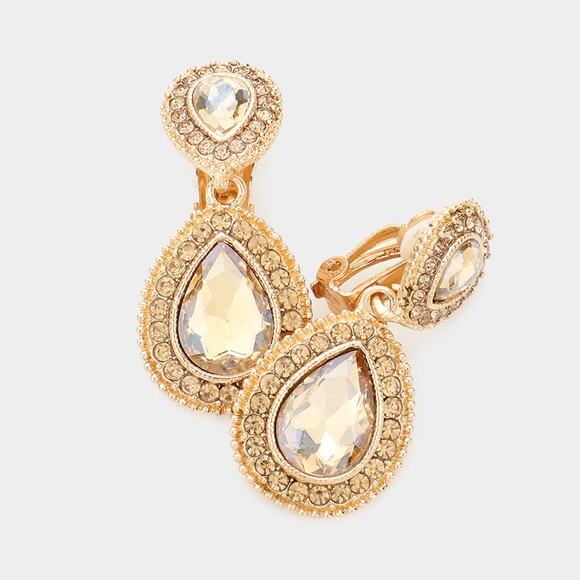 Clip on 1 3/4" gold and brown stone double teardrop earrings - Picture 2 of 4